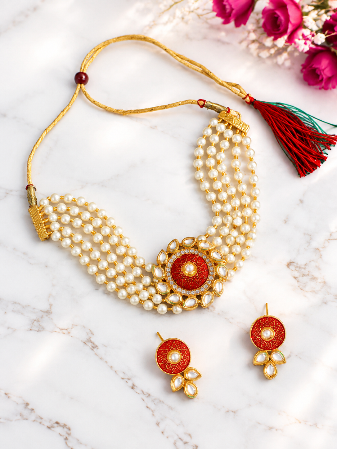 Red Kundan & Pearl  Choker Necklace & Earring Set for Wedding Parties