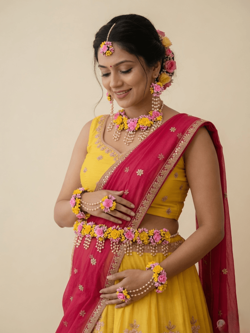 Floral baby shower jewellery set for women, godh bharai jewellery with push back earrings, 90g, shop online