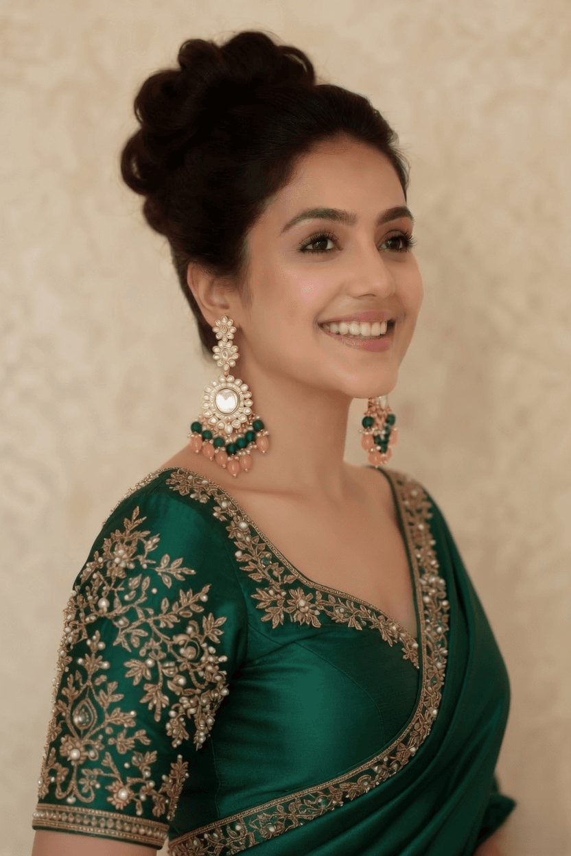 Pink-Green Pearls Long Danglers Party Chandbali Wedding Earrings for Women