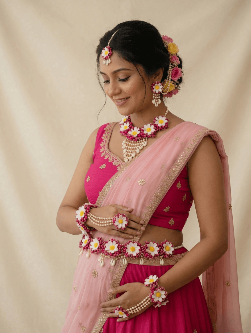 floral baby shower jewellery set for godh bharai, unique jewellery for baby shower, shop godh bharai jewellery set 2026