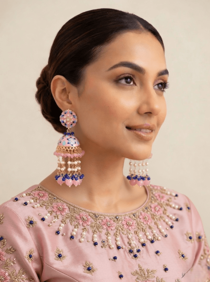Floral Meenakari Jhumka Earrings with Pearl Beads – Pink & Sky Blue Party Wear