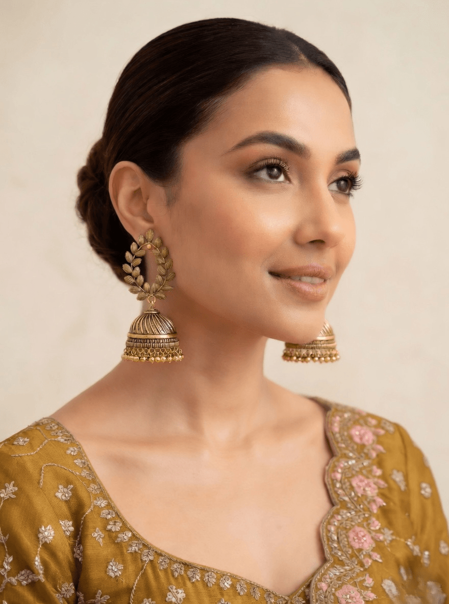 Leaf Design Silver Oxidised Earrings for Women, Festive Jhumka Earrings