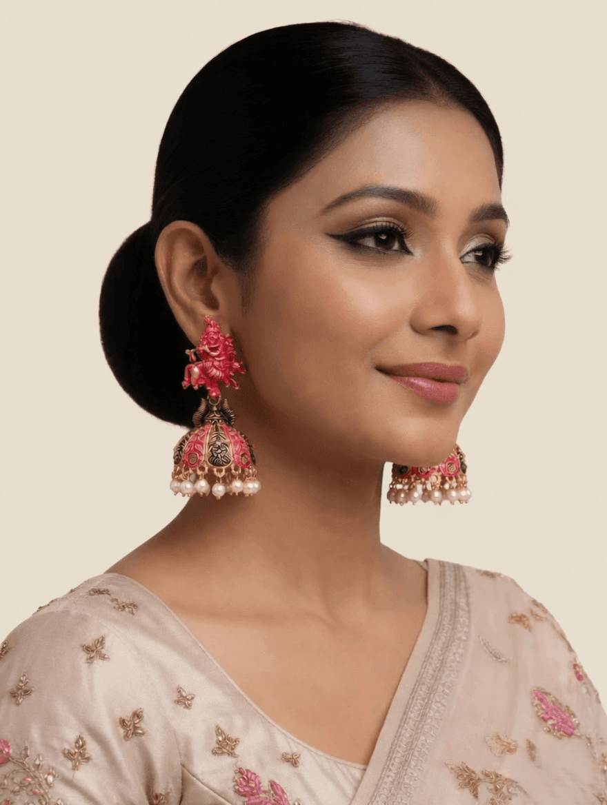 Antique Pink Krishna Jhumka Earrings with Meenakari Detailing for Women