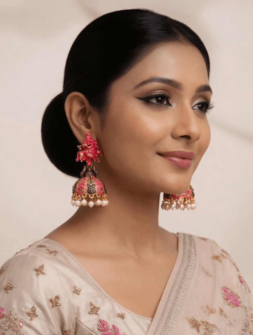 Antique Pink Krishna Jhumka Earrings with Meenakari Detailing for Women
