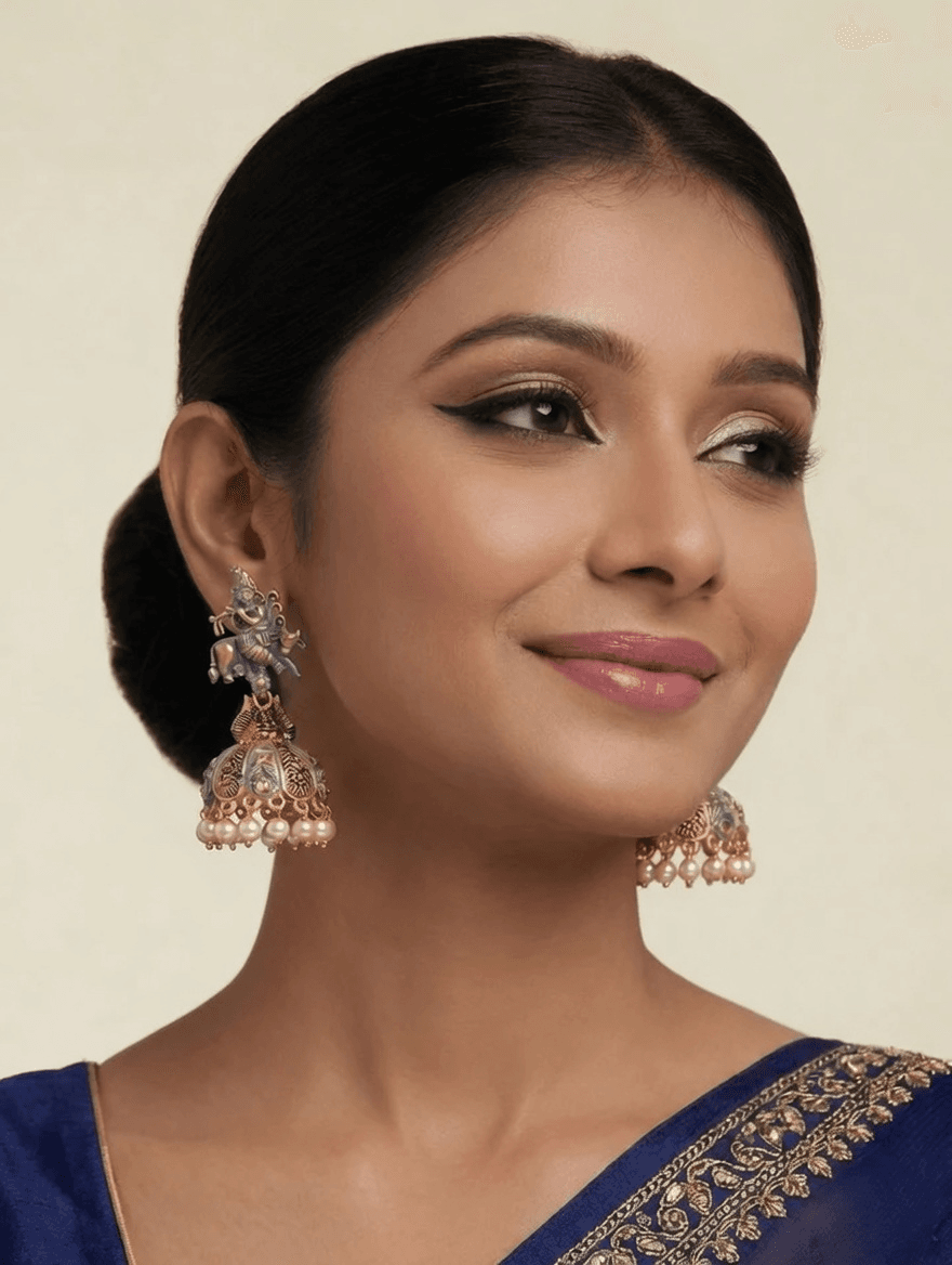 Krishna Antique Grey Jhumka Earrings with Pink Meenakari Gold Plating