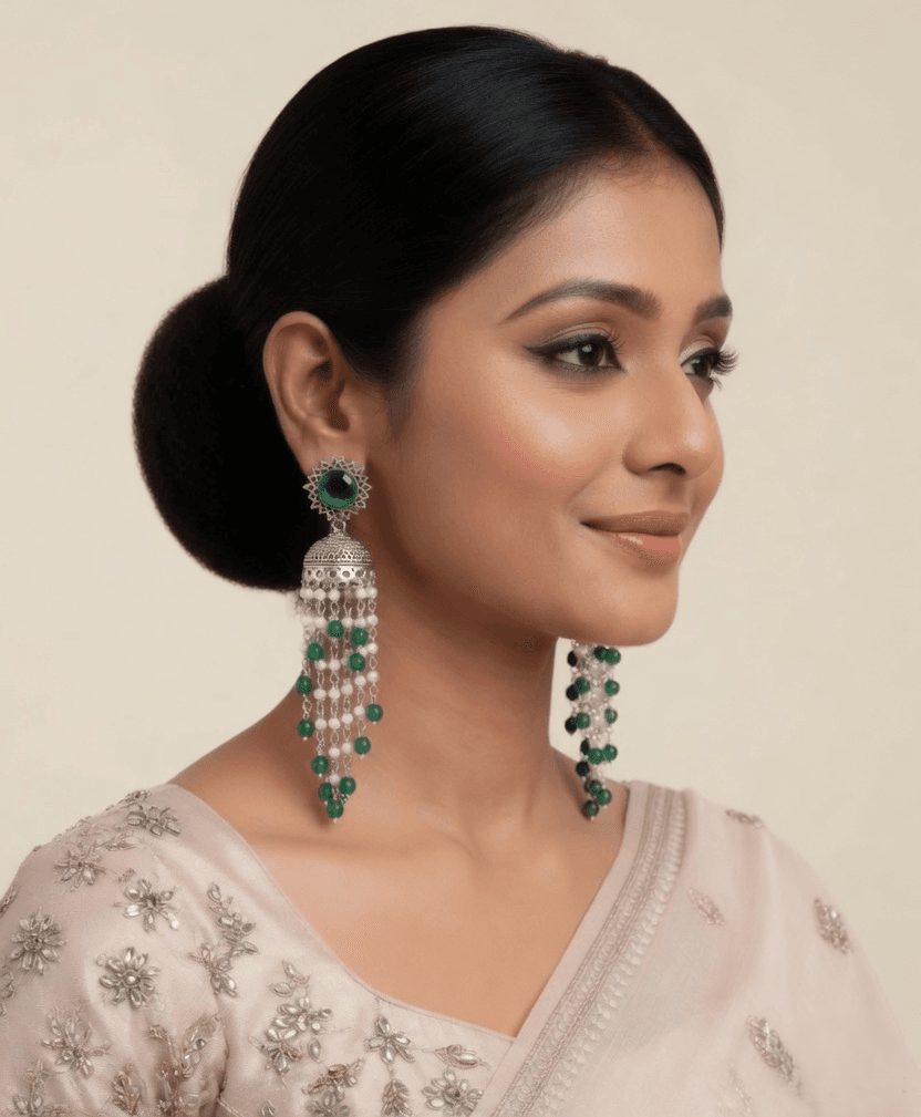 Blue Oxidised Silver Long Earrings for Women, Traditional Jhumka Jewelry