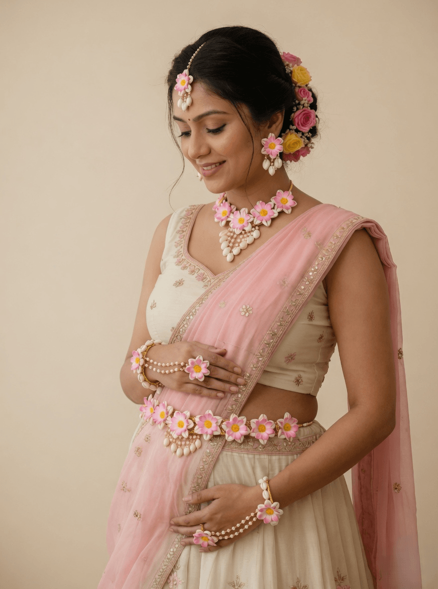 Floral baby shower jewellery set for women, artificial flower godh bharai jewellery, 17 cm, 100g