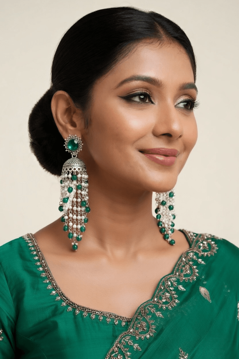 Blue Oxidised Silver Long Earrings for Women, Traditional Jhumka Jewelry