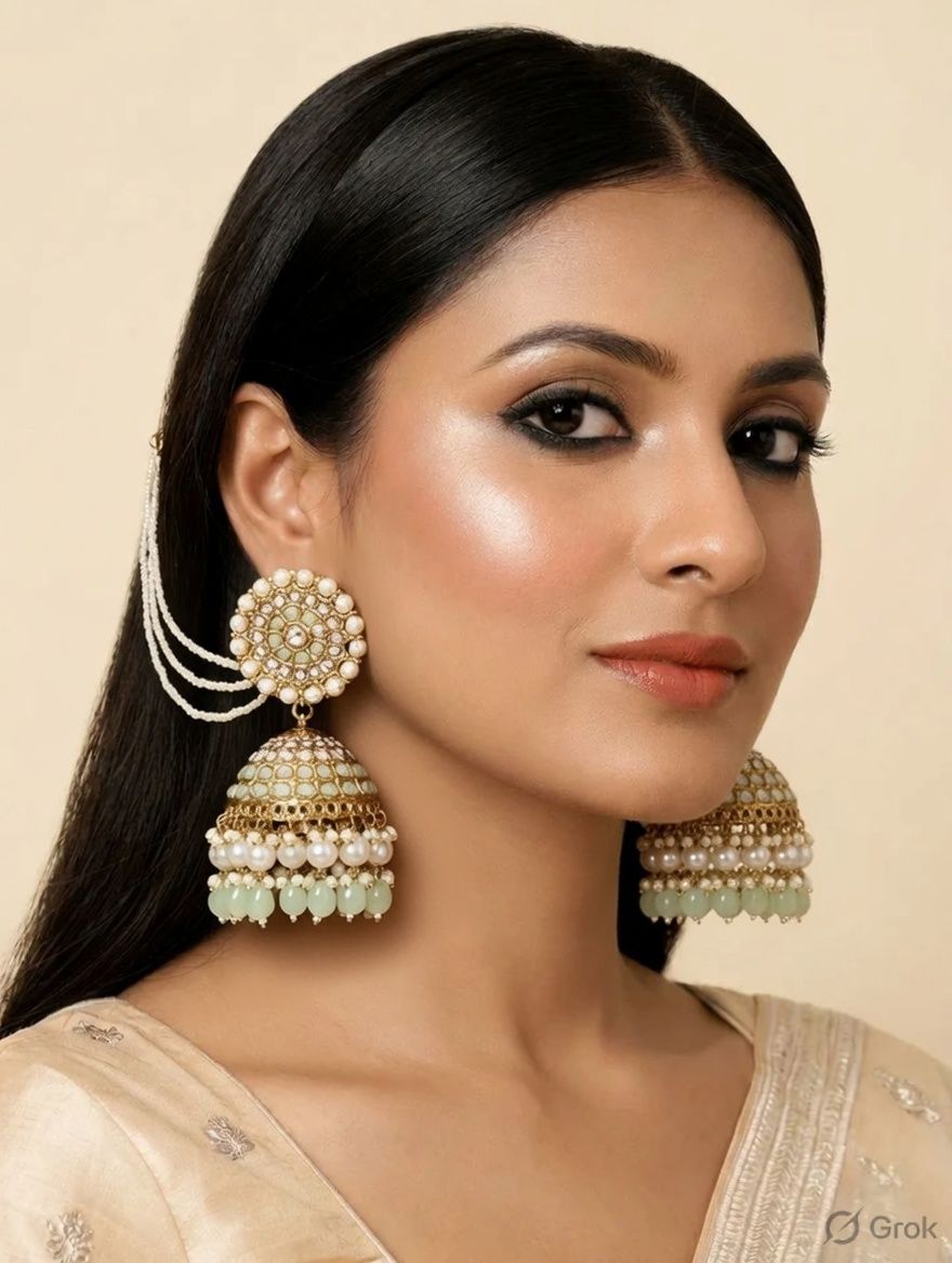 Kundan Studded Statement Jhumka With Ear Chain – Pink Green Party Wear Earrings