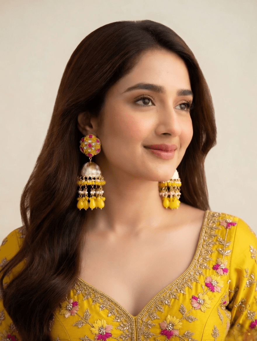 Yellow Meenakari Floral Jhumka Earrings – Traditional Party & Wedding Jewelry