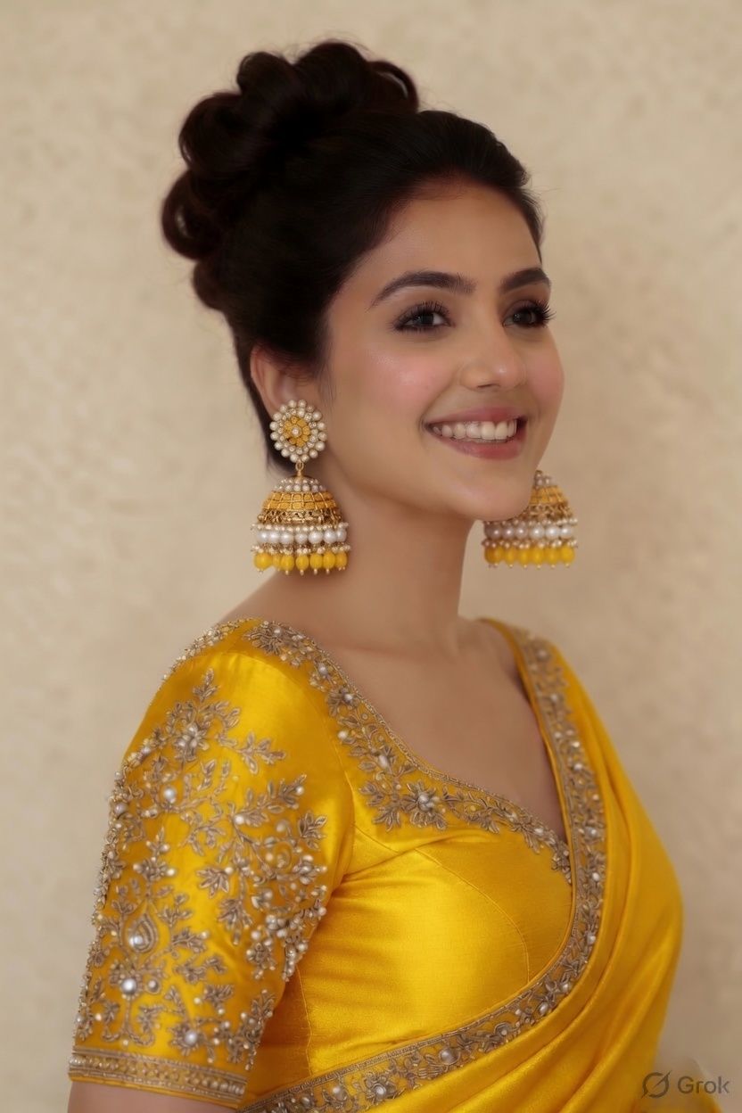 Yellow Kundan Pearl Heavy Jhumka With Ear Chain – Women's Moti Work Earrings