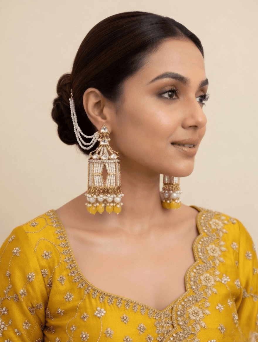 Kundan Earrings With Ear Chain – Yellow Moti Work Ethnic Jhumka Drop 2026