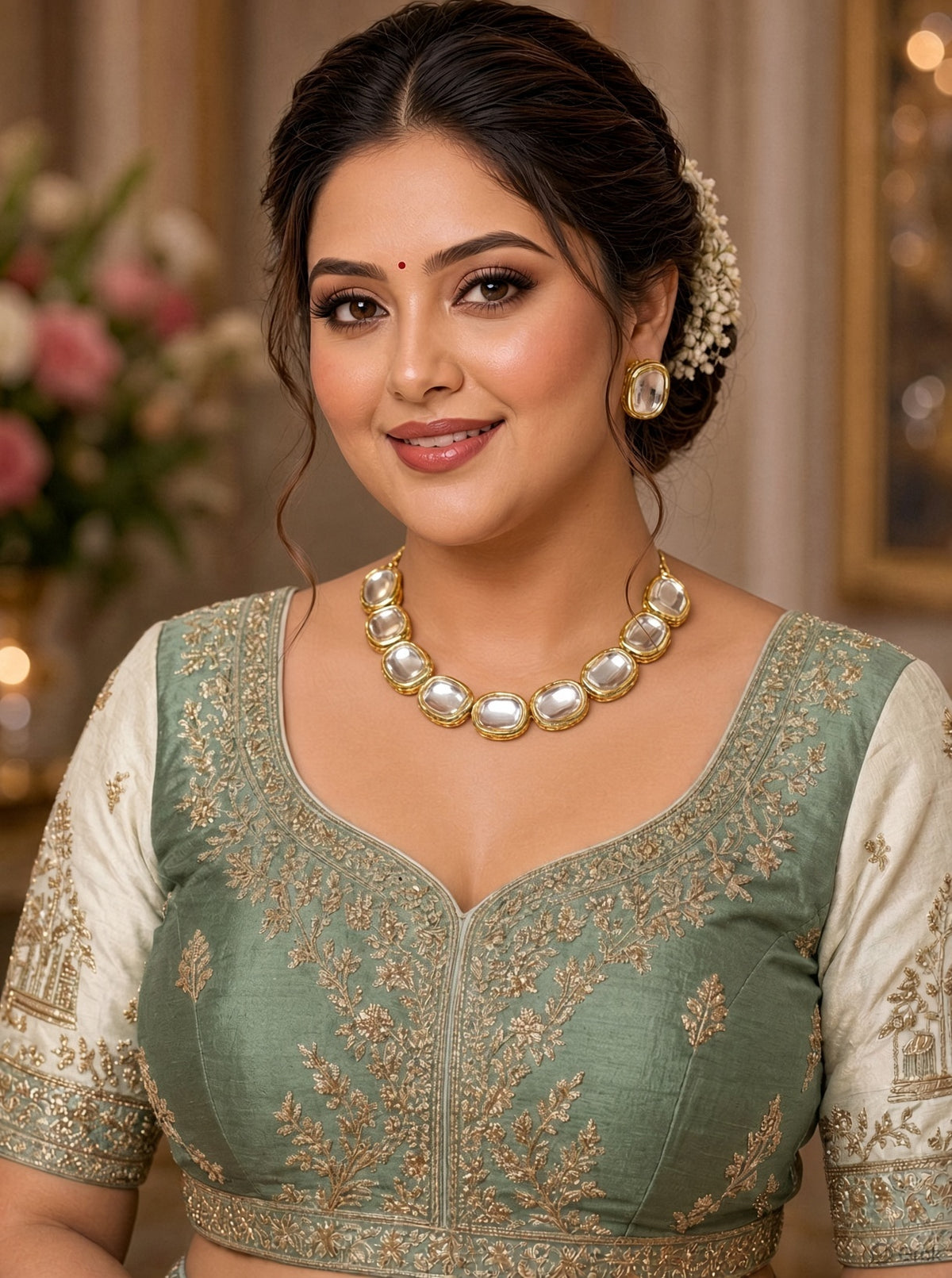 Gold Plated Reversible Kundan Choker Necklace Set - Ethnic Floral Kundan Jewellery