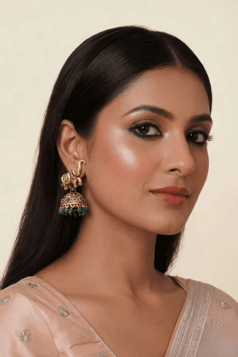 Gold Plated Green Elephant Jhumki Earrings for Women – Antique Ethnic Style
