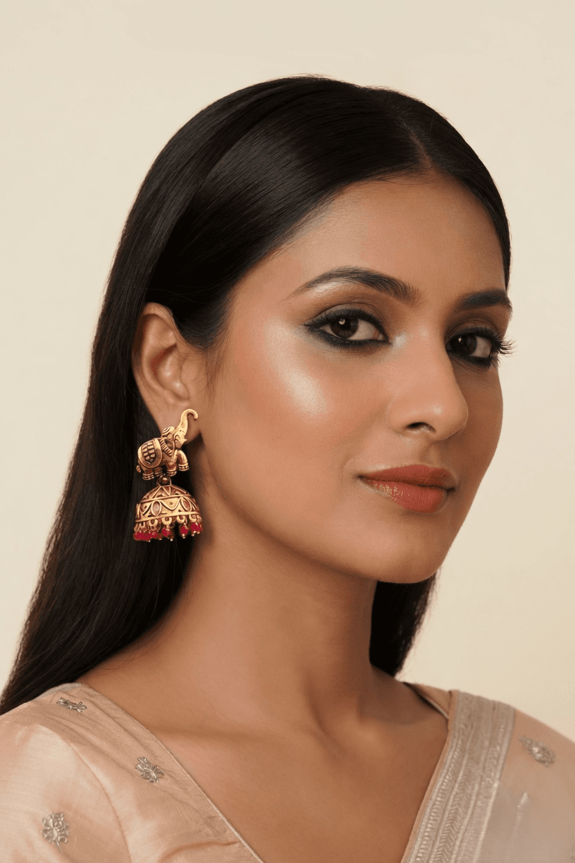 Elephant Magenta Jhumka Earrings Gold Plated Ethnic Jewelry for Women