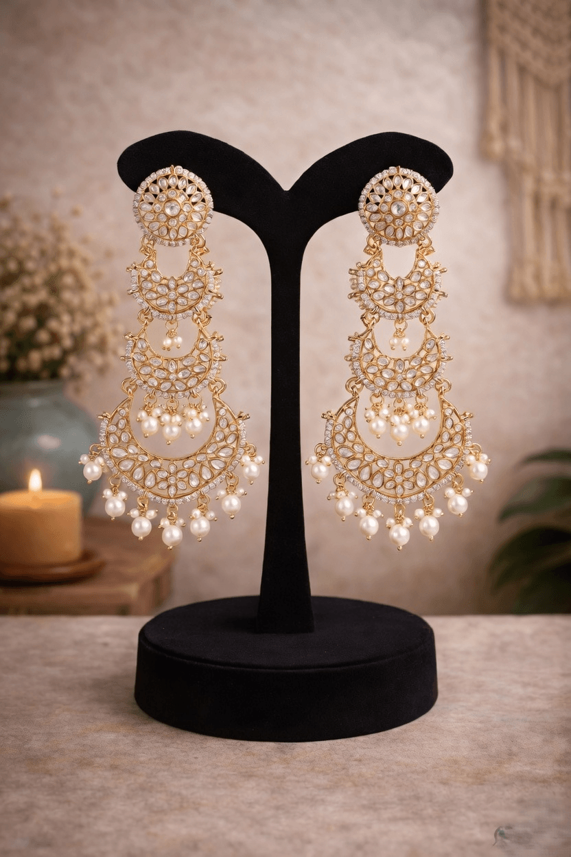 Pink Pearls Long Danglers – Party Wear Chandbali Wedding Earrings for Women
