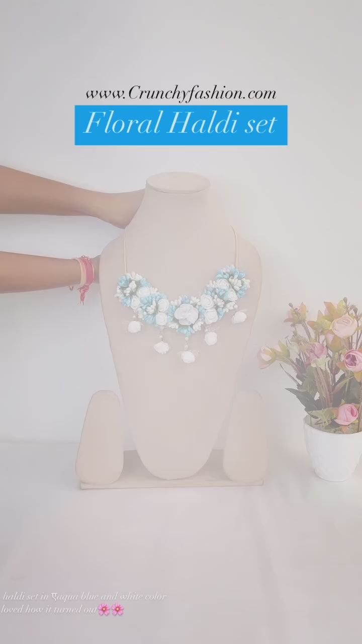 Sky Blue-White Flowers Haldi mehndi Jewellery Set with kaliras for Brides