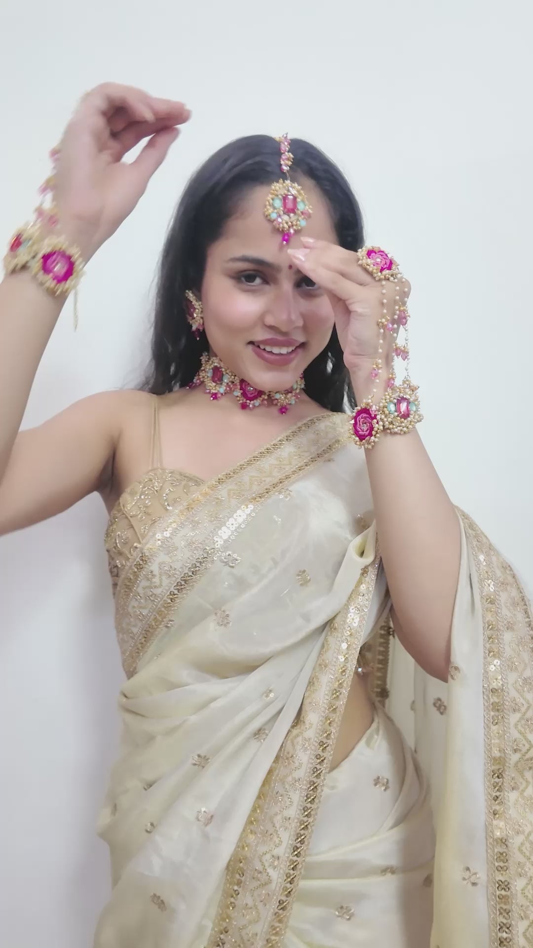 Pink Roses Pearl Jewelry Set for Bridal Haldi Mehndi