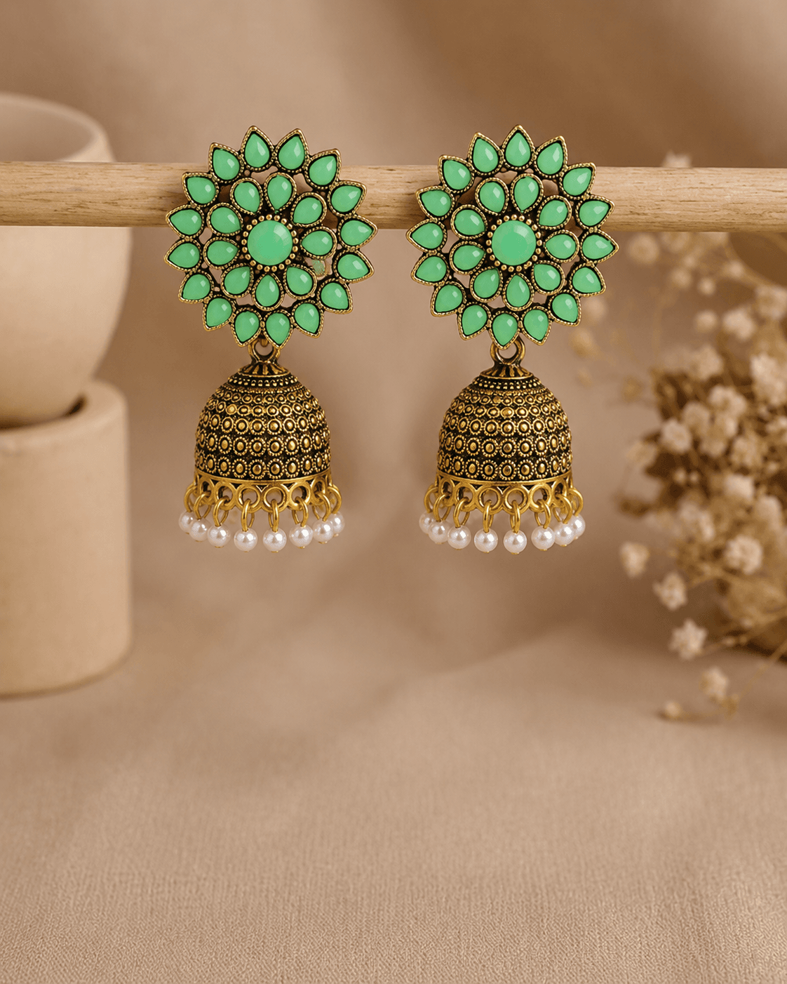 Oxidised Gold Beaded Jhumka Earrings for Women – Handmade Floral Jhumki