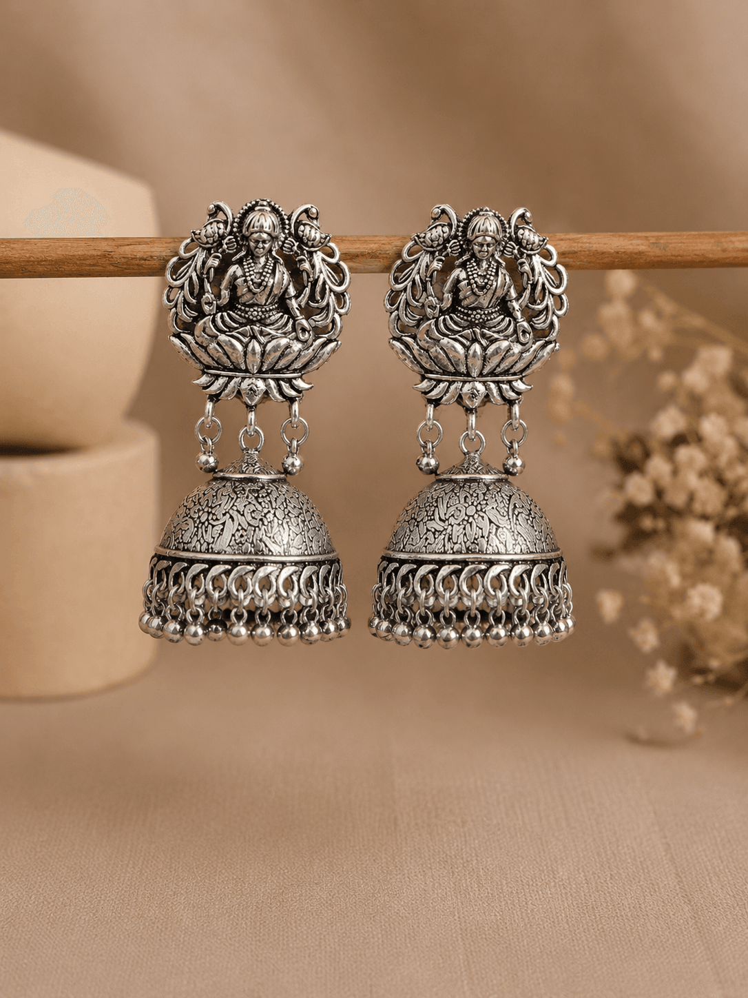 Lakshmi Oxidised German Silver Jhumka Earrings with Royal Design