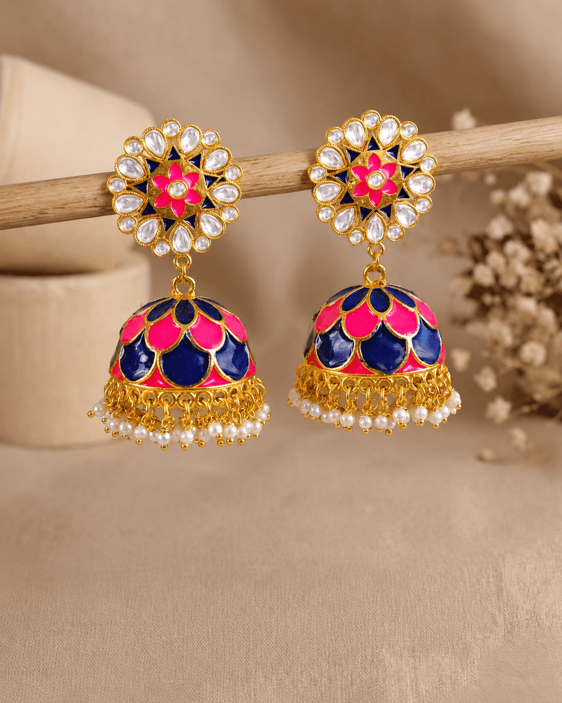 Gold Plated Multicolor Meenakari Moti Jhumka Earrings for Women