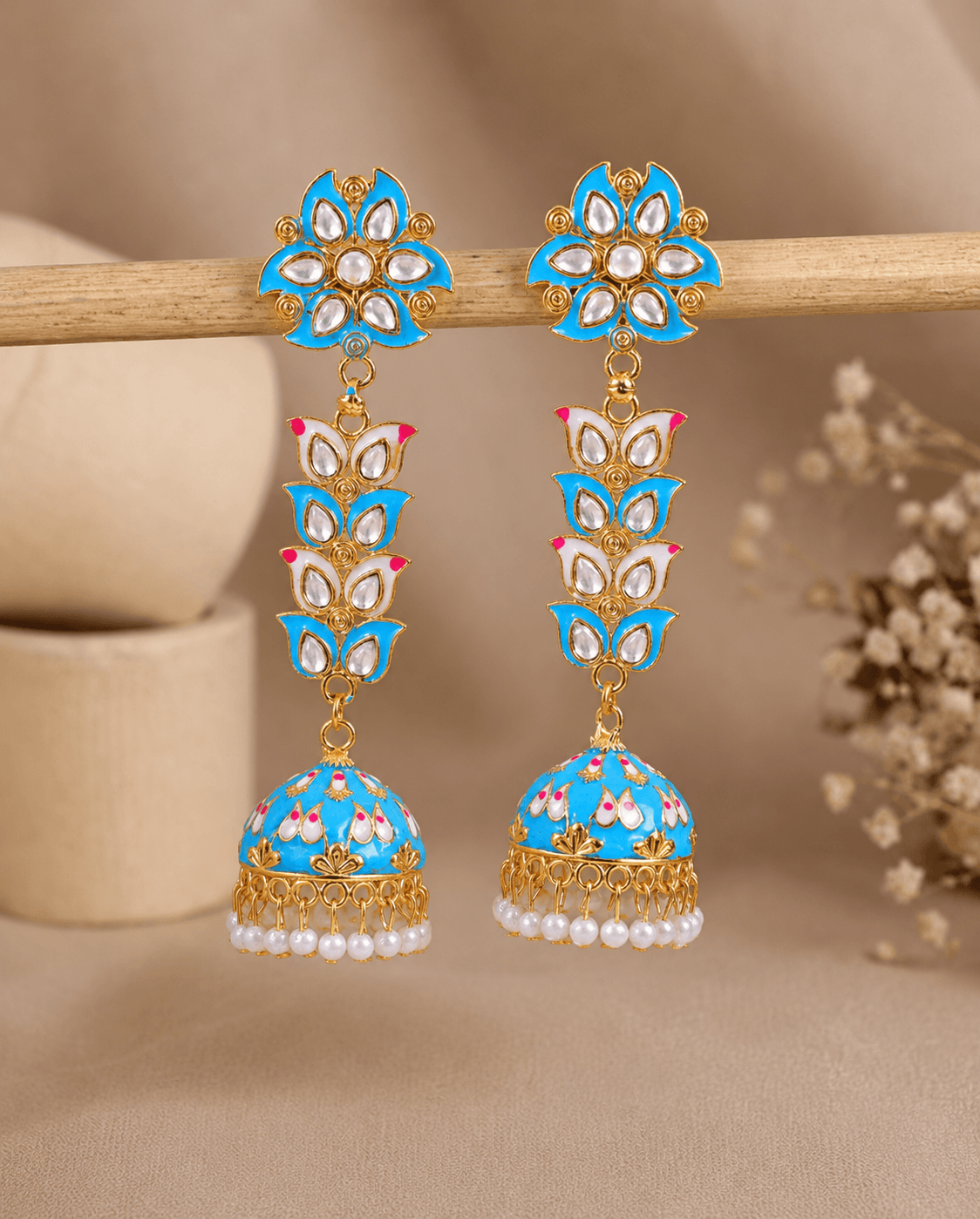 Sky Blue Match Gold-Plated Jhumki Style Earrings for Women – Long Oxidised Jhumki