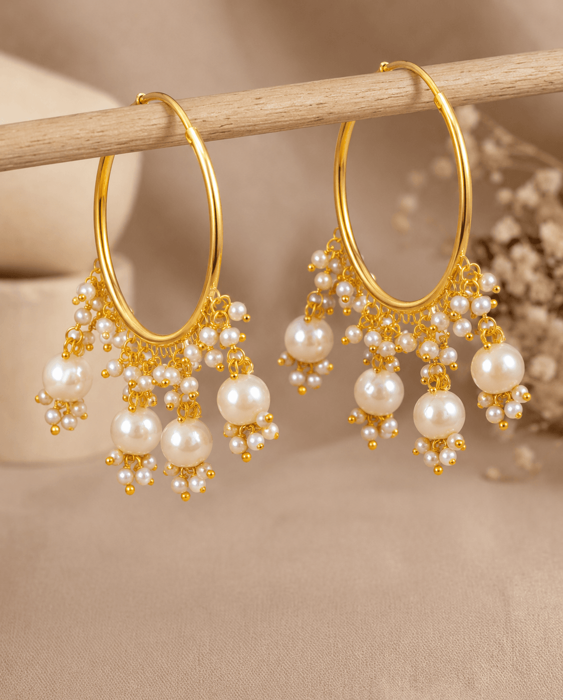 Gold Jhumka Earrings with Pearl Drops – Ruhi Jhumki Style Hoops for Women