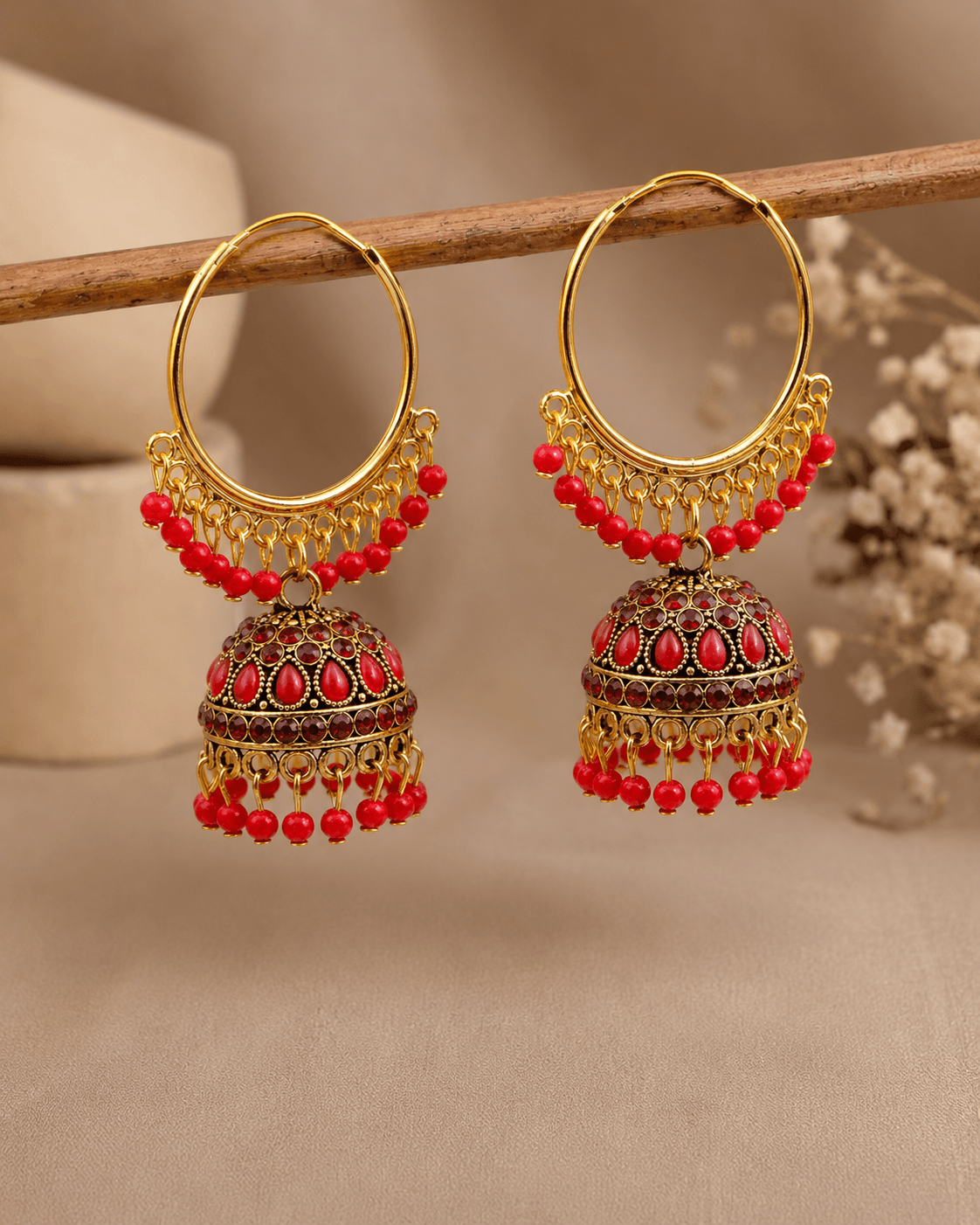 Gold Plated Pearl Jhumki Earrings for Women – Traditional Stone Hoop Dangler