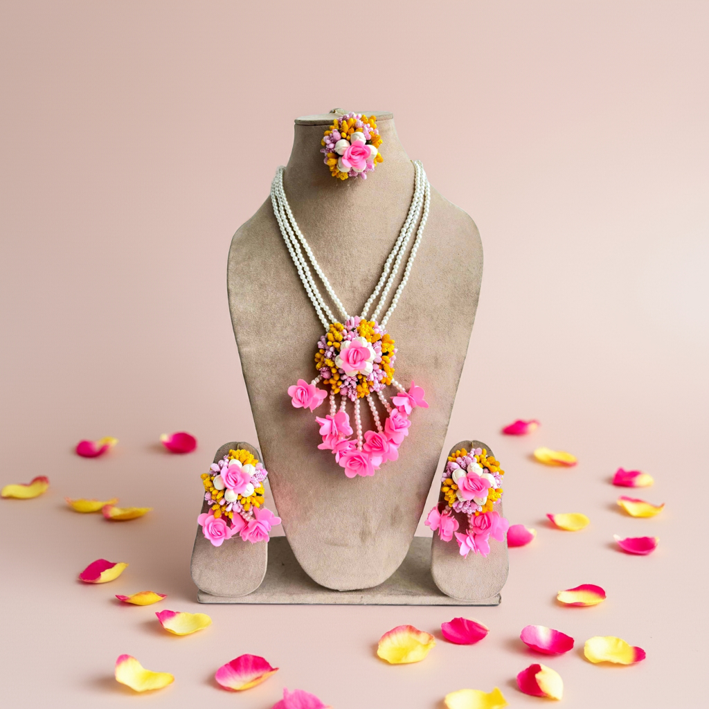 Pink-Yellow Artificial Flower Long Necklace Jewellery Set for Baby Shower, Haldi, Mehndi