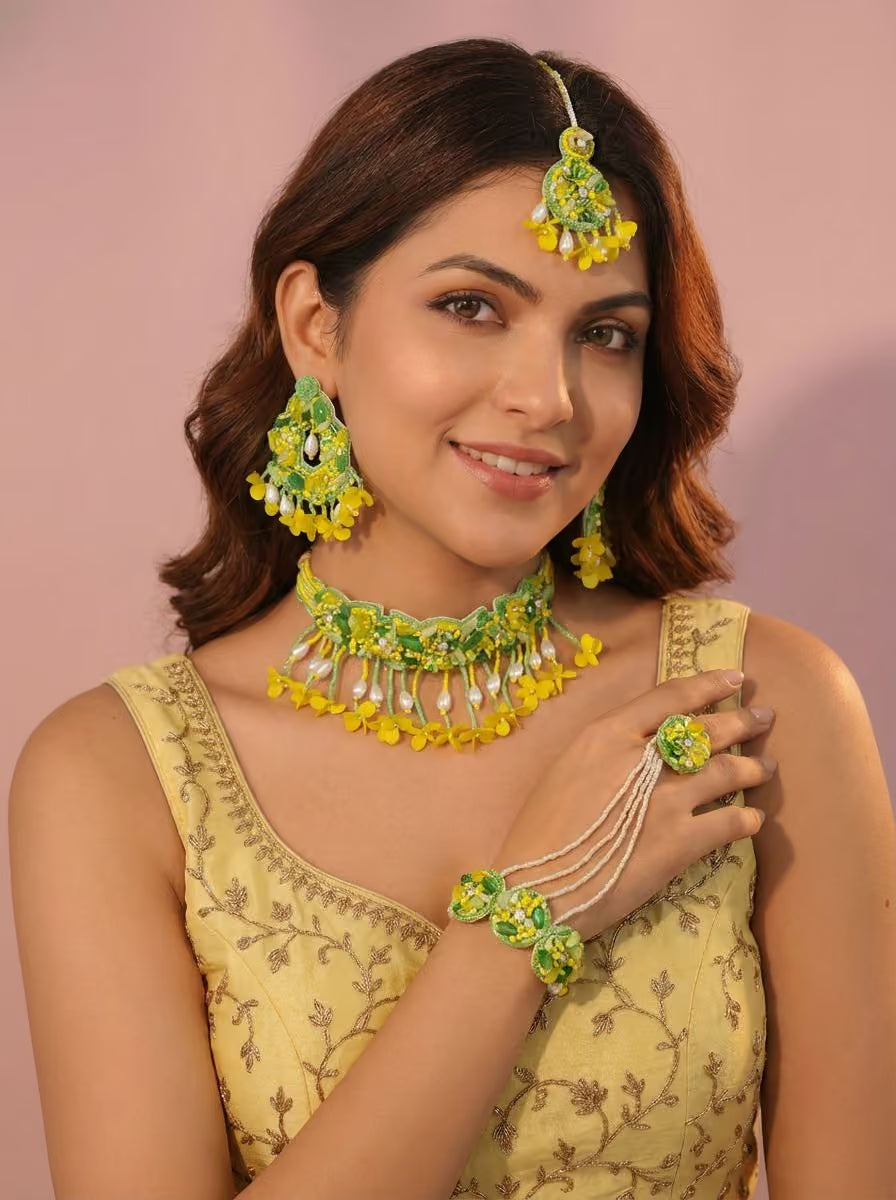 Multicolored beaded floral jewelry set, ideal for Haldi ceremony, for women and girls