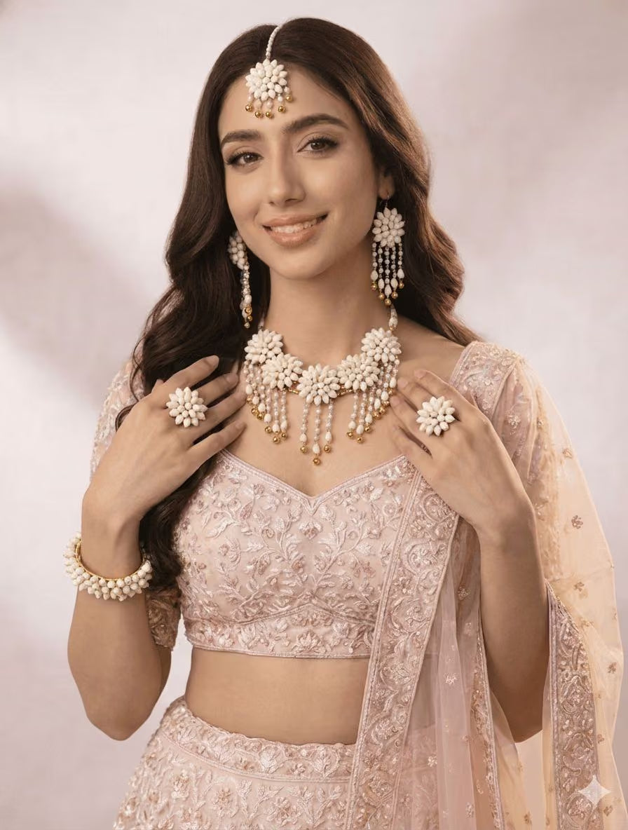 White Mogra Floral Haldi-Mehndi Jewellery Set for Brides