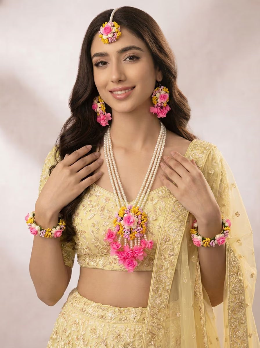 Pink-Yellow Artificial Flower Long Necklace Jewellery Set for Baby Shower, Haldi, Mehndi