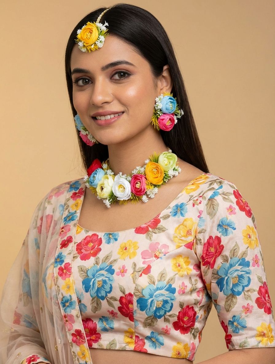 Multicolored Artificial Floral Jewellery Set  for Haldi-Mehndi