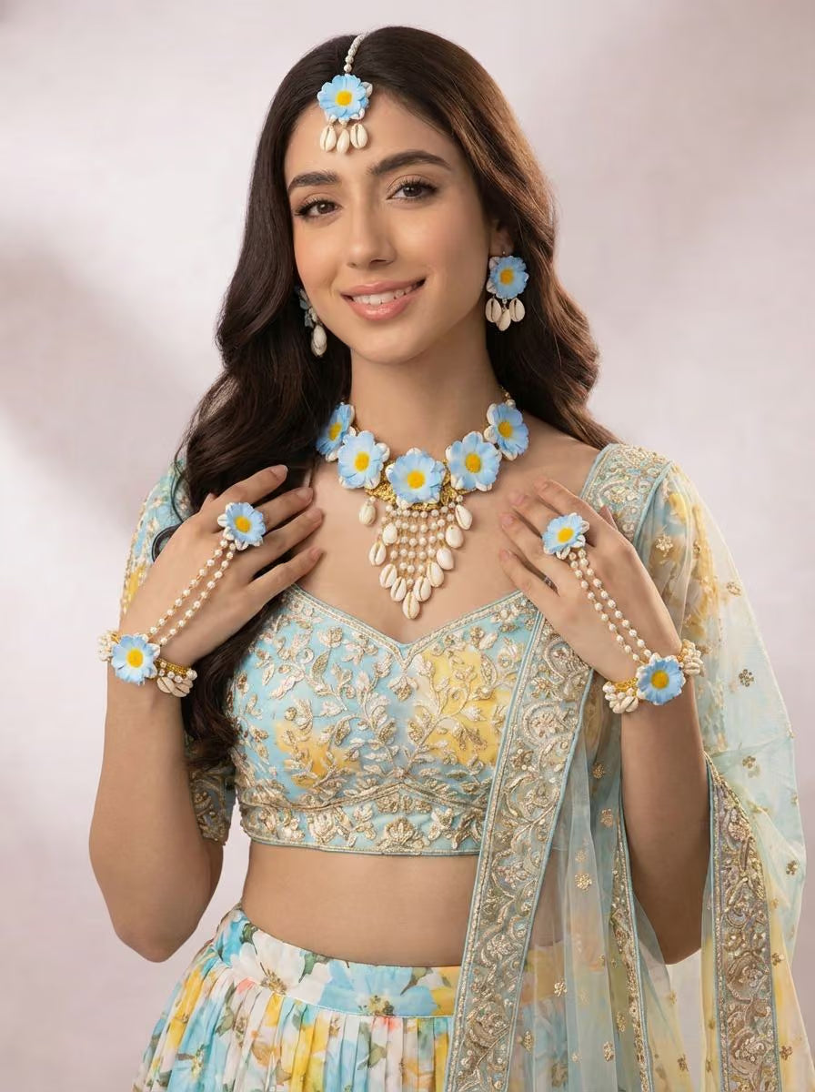 Sky-Blue Flowers Cowrie Shell Jewellery Set for Haldi, Mehndi