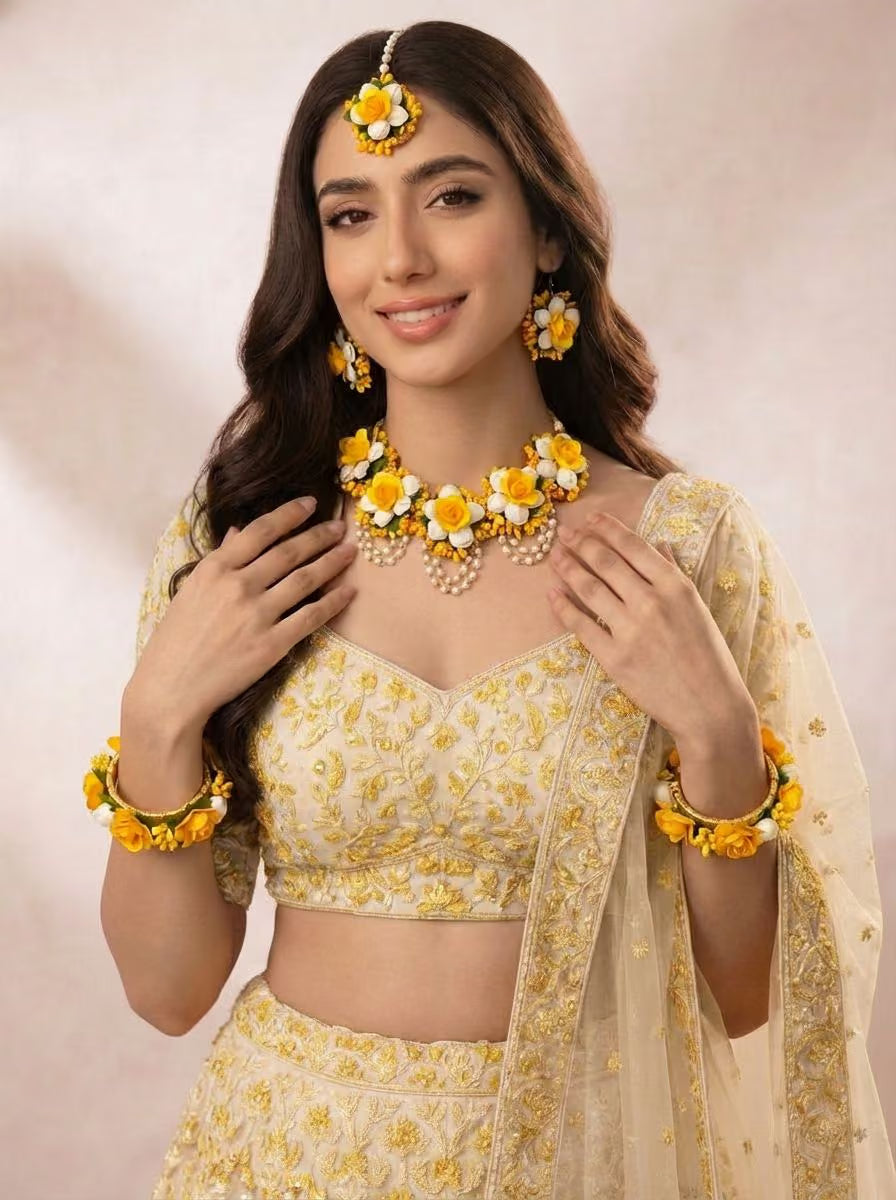 Yellow Floral Jewellery Set for Women - Perfect for Haldi-Mehndi and Wedding Occasion