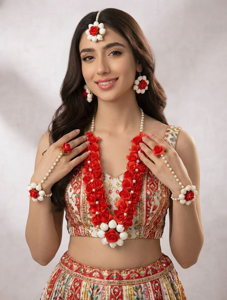 Red Long Necklace Floral Jewellery Set for Bridal Haldi, Mehndi, Baby Shower