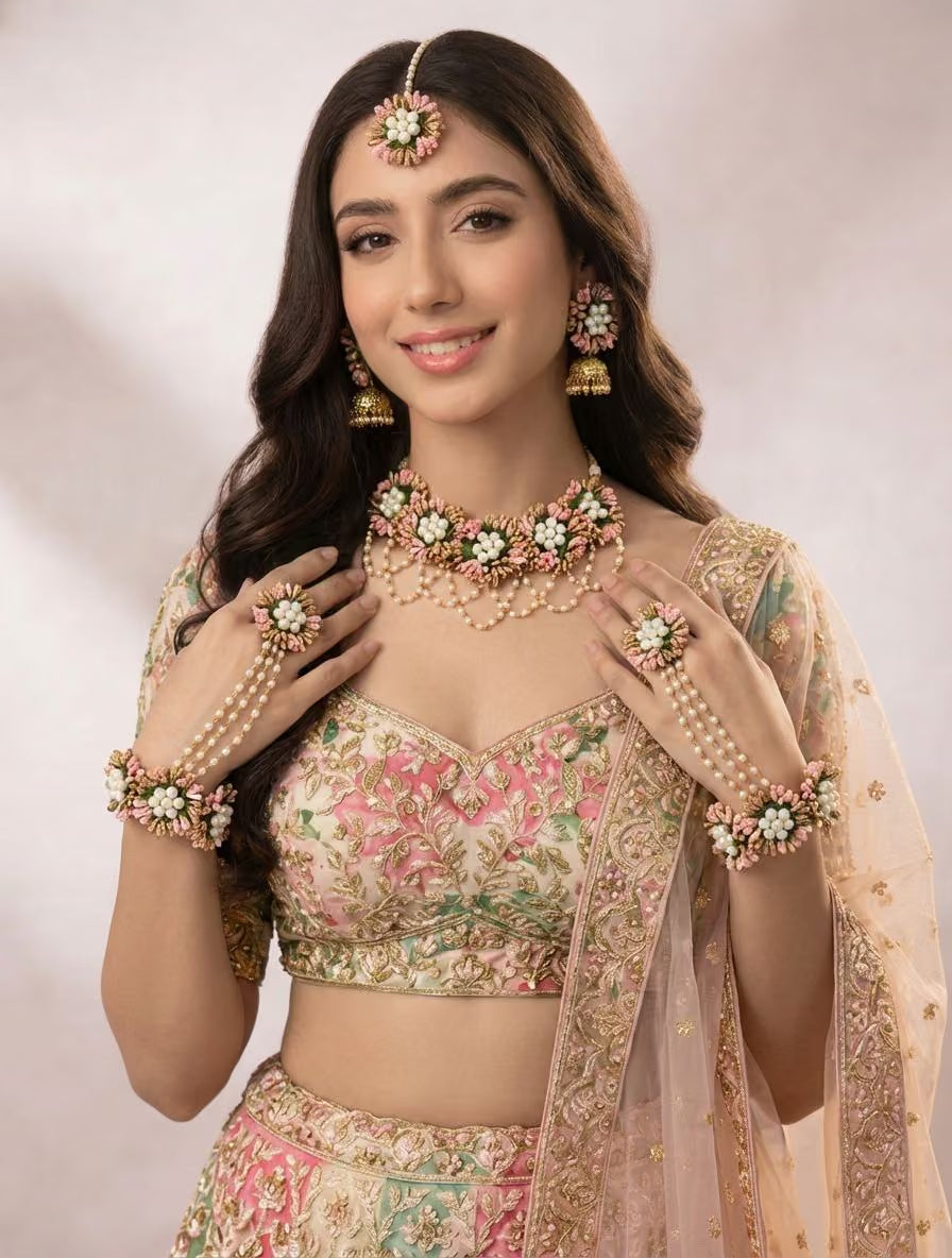 Peach Blossom Handmade Artificial Floral Jewellery Set for Haldi-Mehndi, Baby Shower