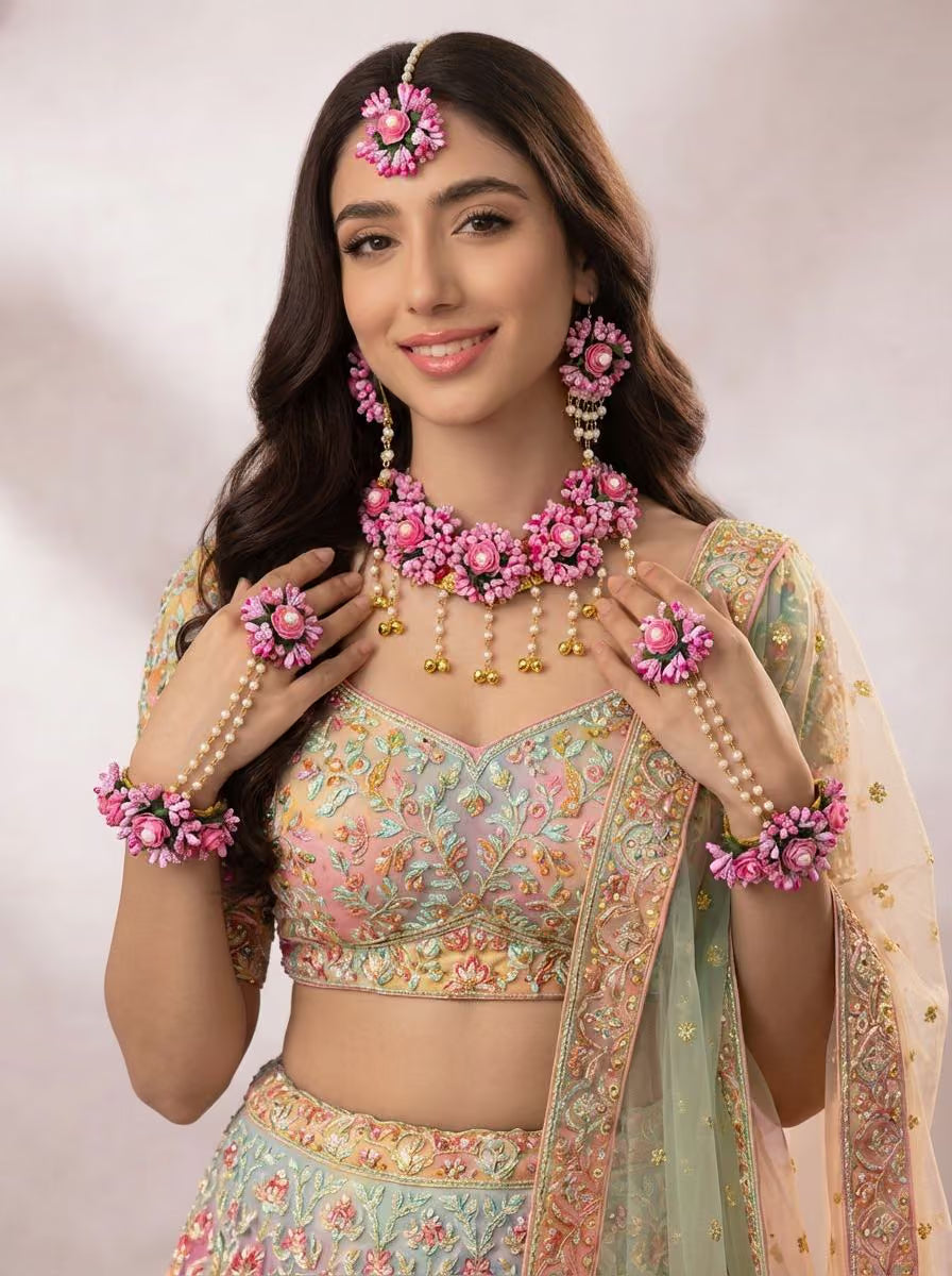 Baby Pink Handmade Floral Bridal Jewellery Set for Haldi, Mehndi, Baby Shower