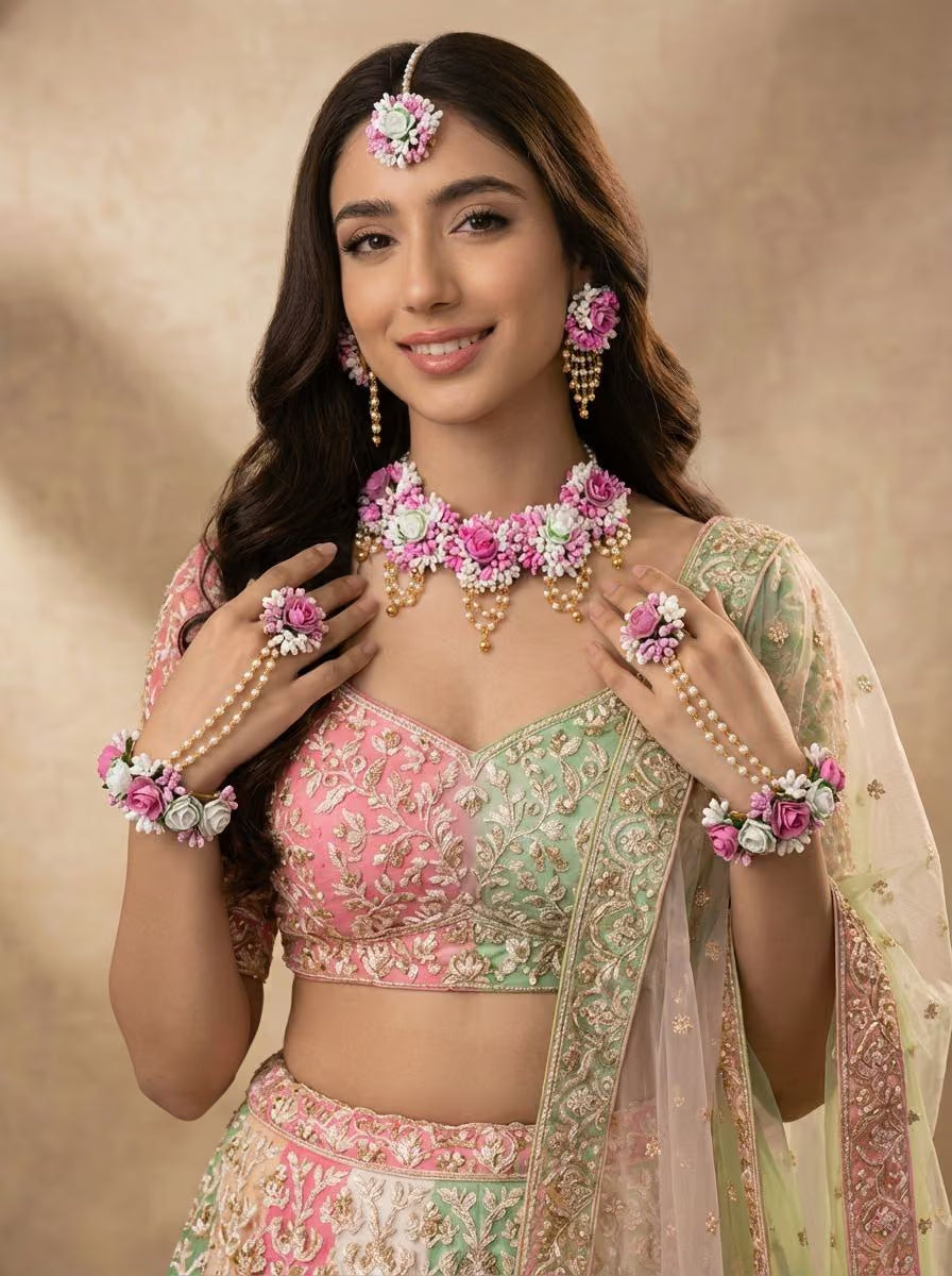 Enchanting Floral Haldi-Mehndi Necklace Set with Earrings for Women