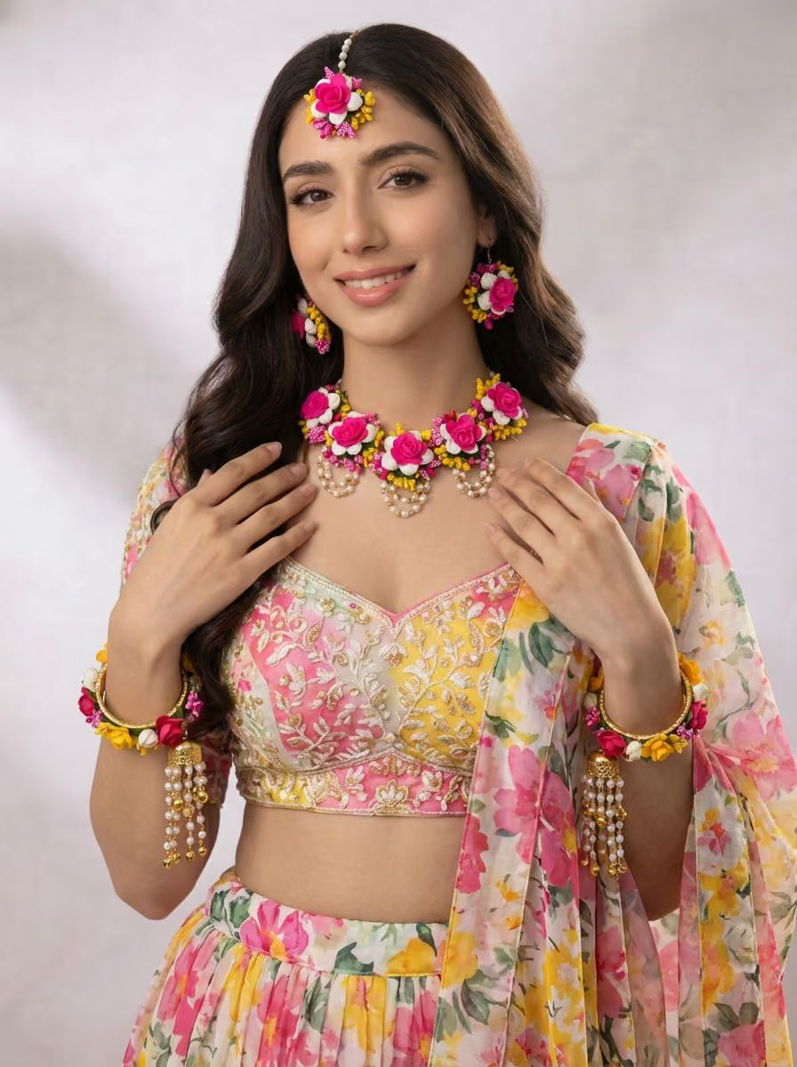 Pink-Yellow Floral Bridal Jewellery Set for Haldi-Mehndi