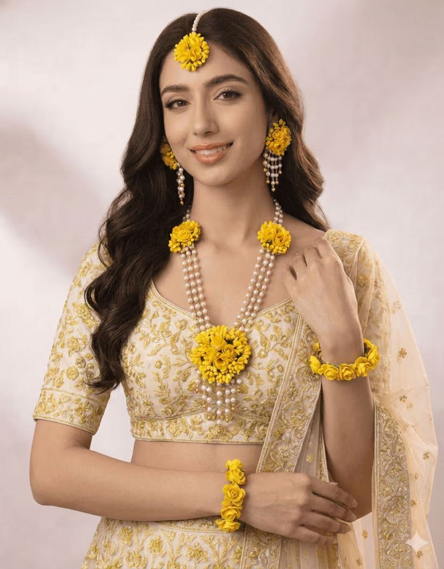 Yellow Flower Long Necklace Bridal Jewelry Set for Haldi, Mehndi, Baby Shower