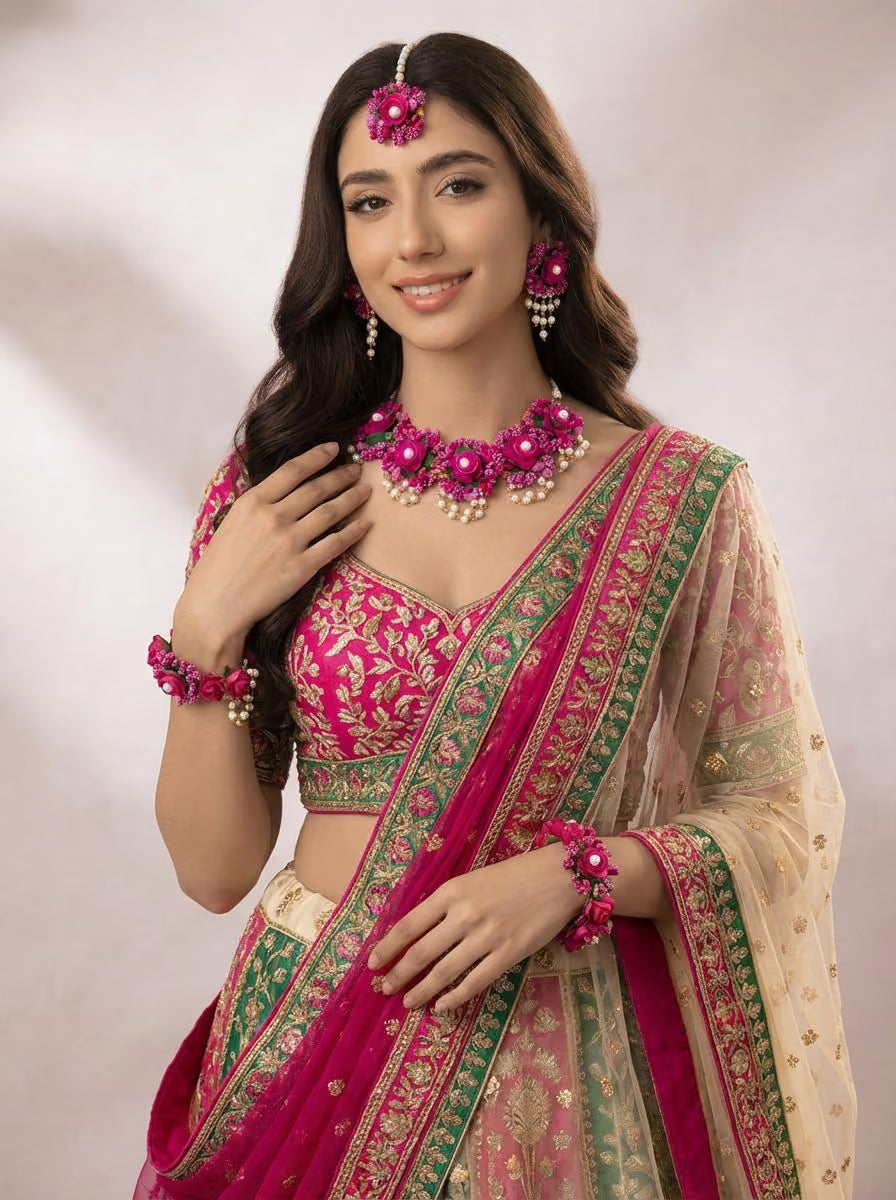 Pink Floral Bridal Haldi Mehndi Jewellery Set for Fashionable Women