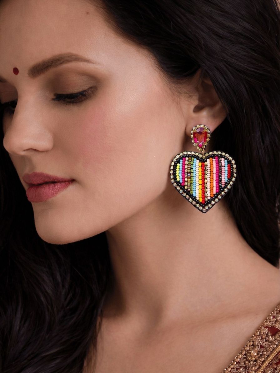 Vibrant Love Cascade: Handcrafted Multi-Color Beaded Heart Earrings for Women & Girls