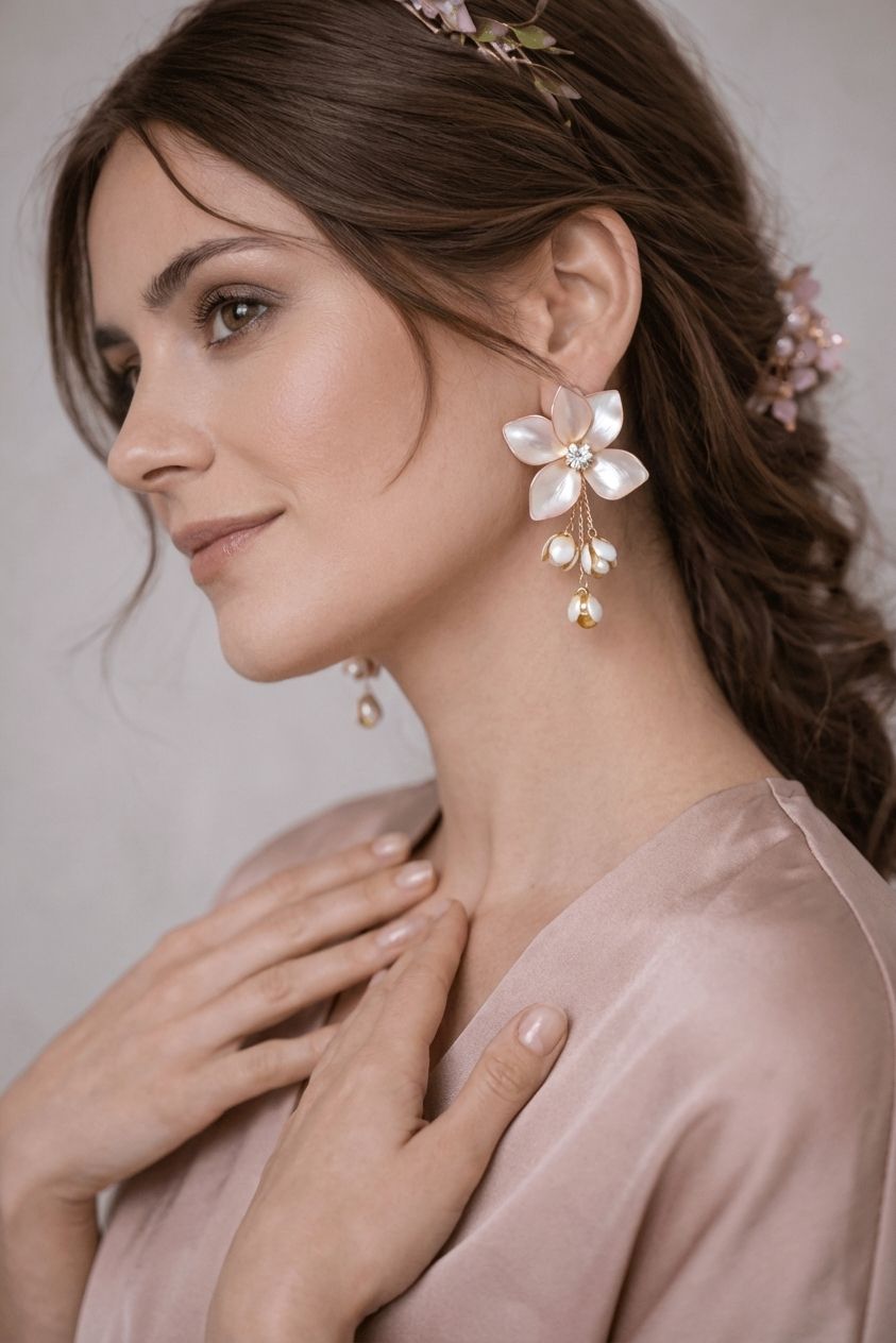 Handmade light pink resin earrings with white floral design, pastel elegant drop earrings for haldi or mehndi