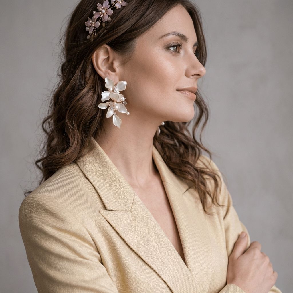 Handmade white resin earrings with floral design, lightweight beaded studs for haldi mehndi, pastel accessory 2026