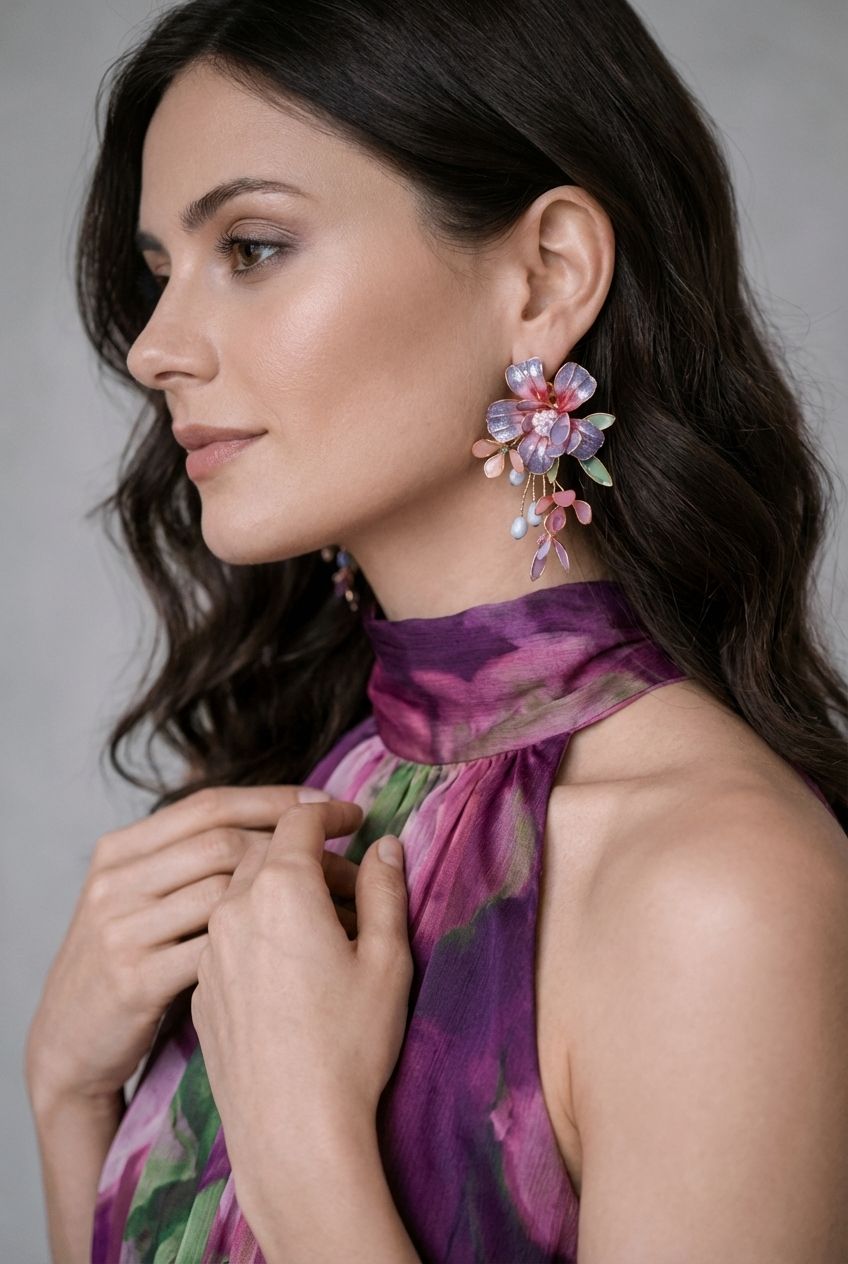 Handmade resin drop earrings in purple, pink, and green with floral beads; lightweight, perfect for haldi mehndi