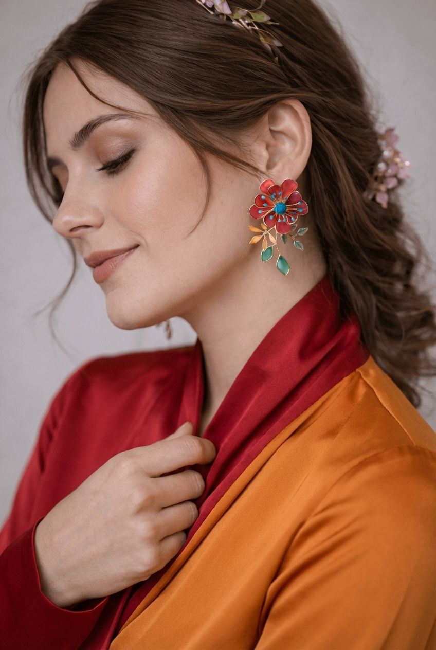 handmade red resin floral earrings for haldi mehndi, beaded multicolour