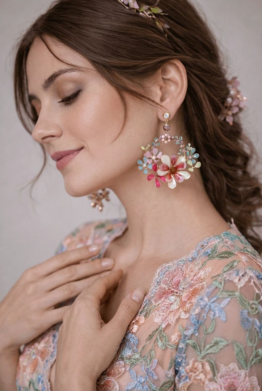 Handmade resin hoop earrings with pink, white, and sky blue floral design, lightweight for haldi and mehndi events
