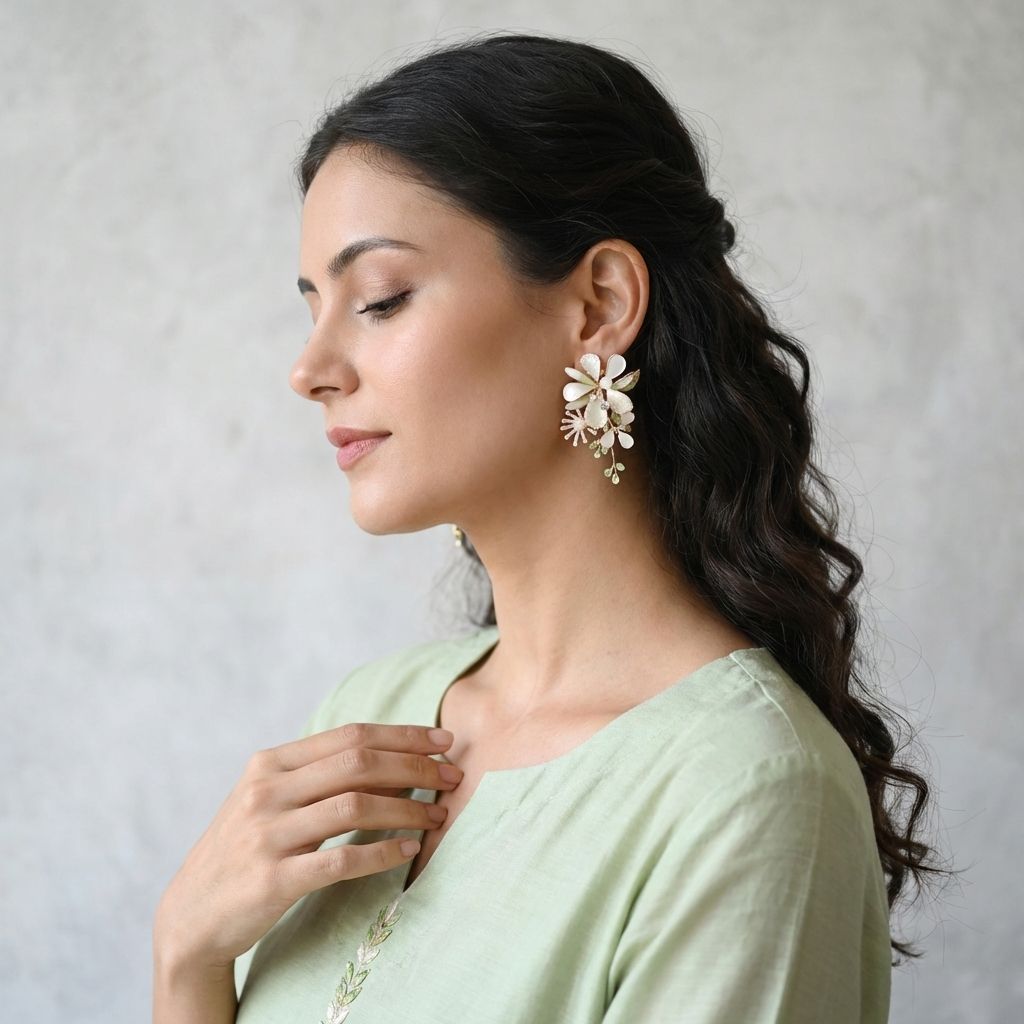 White and green resin earrings with floral design, handmade lightweight studs, perfect for haldi mehndi outfits