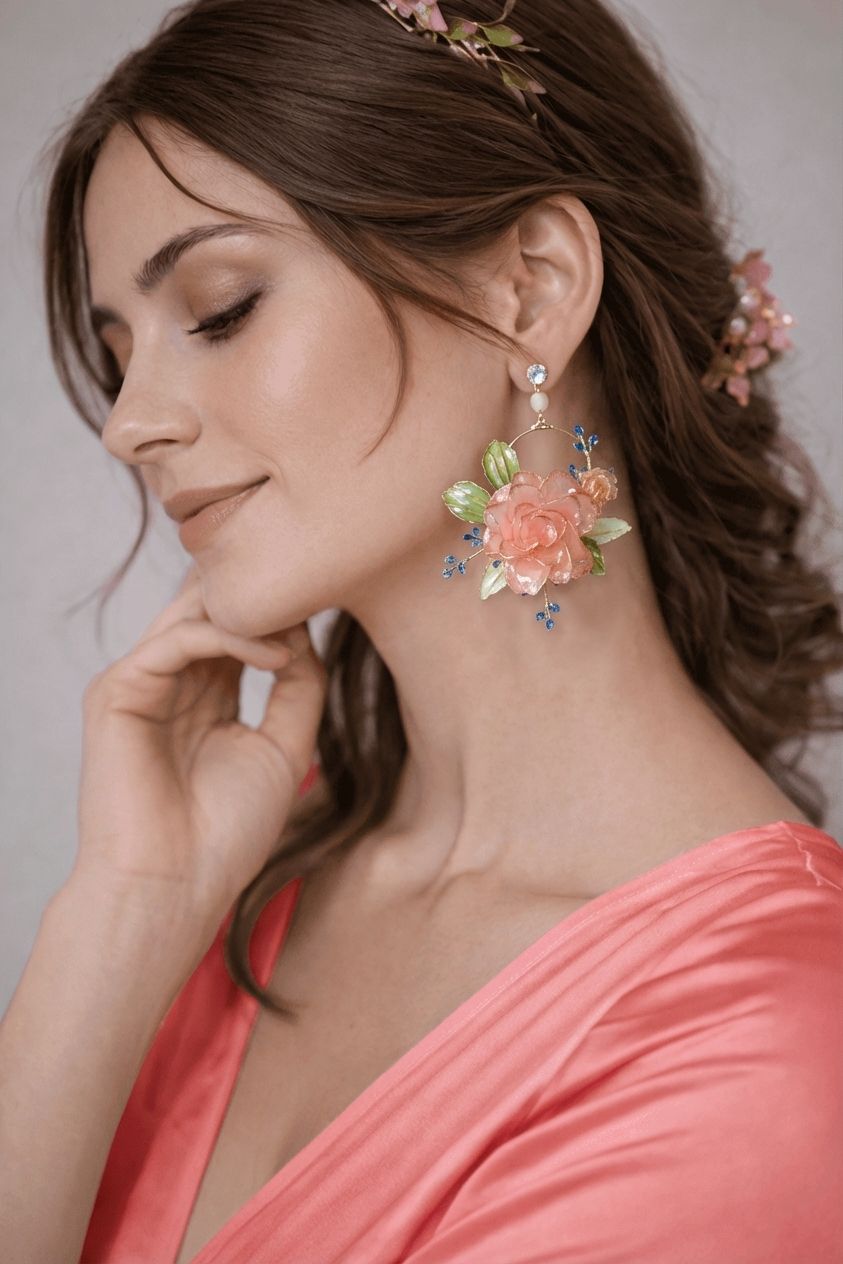 Peach rose resin earring, floral hoop statement pastel earrings